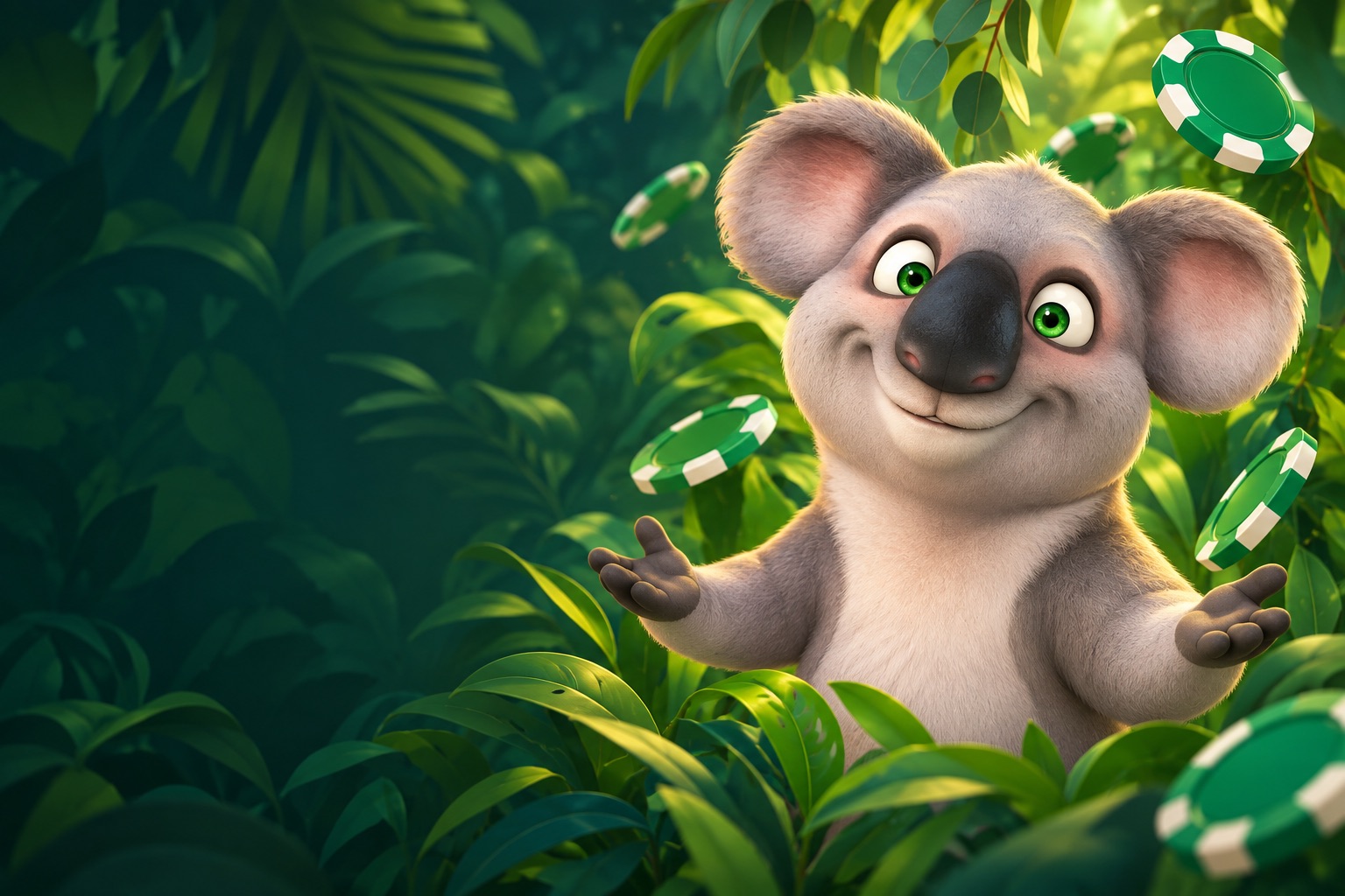 Illustrated koala surrounded by tropical leaves and green casino chips.