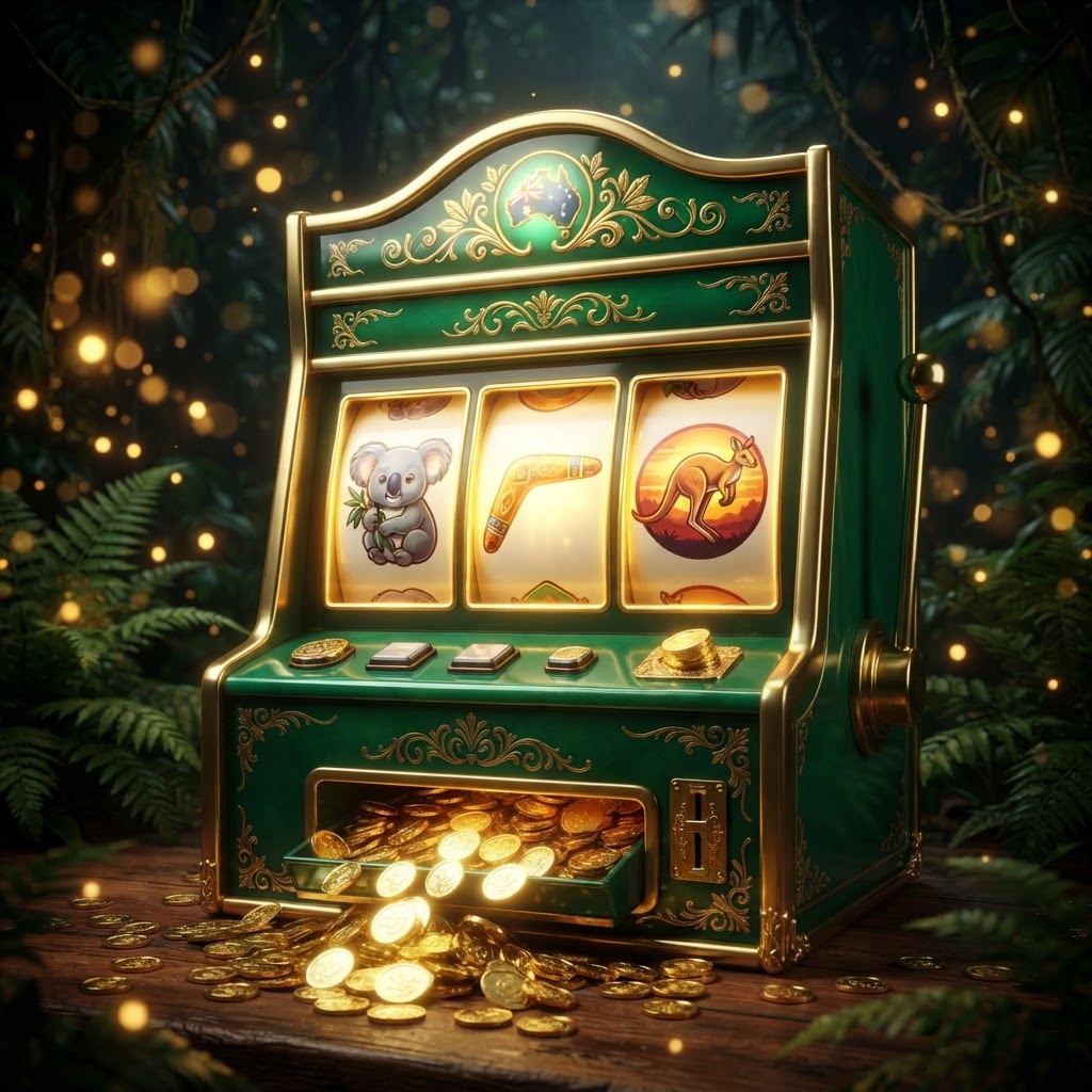 Emerald and gold pokie machine with koala, boomerang and kangaroo reels