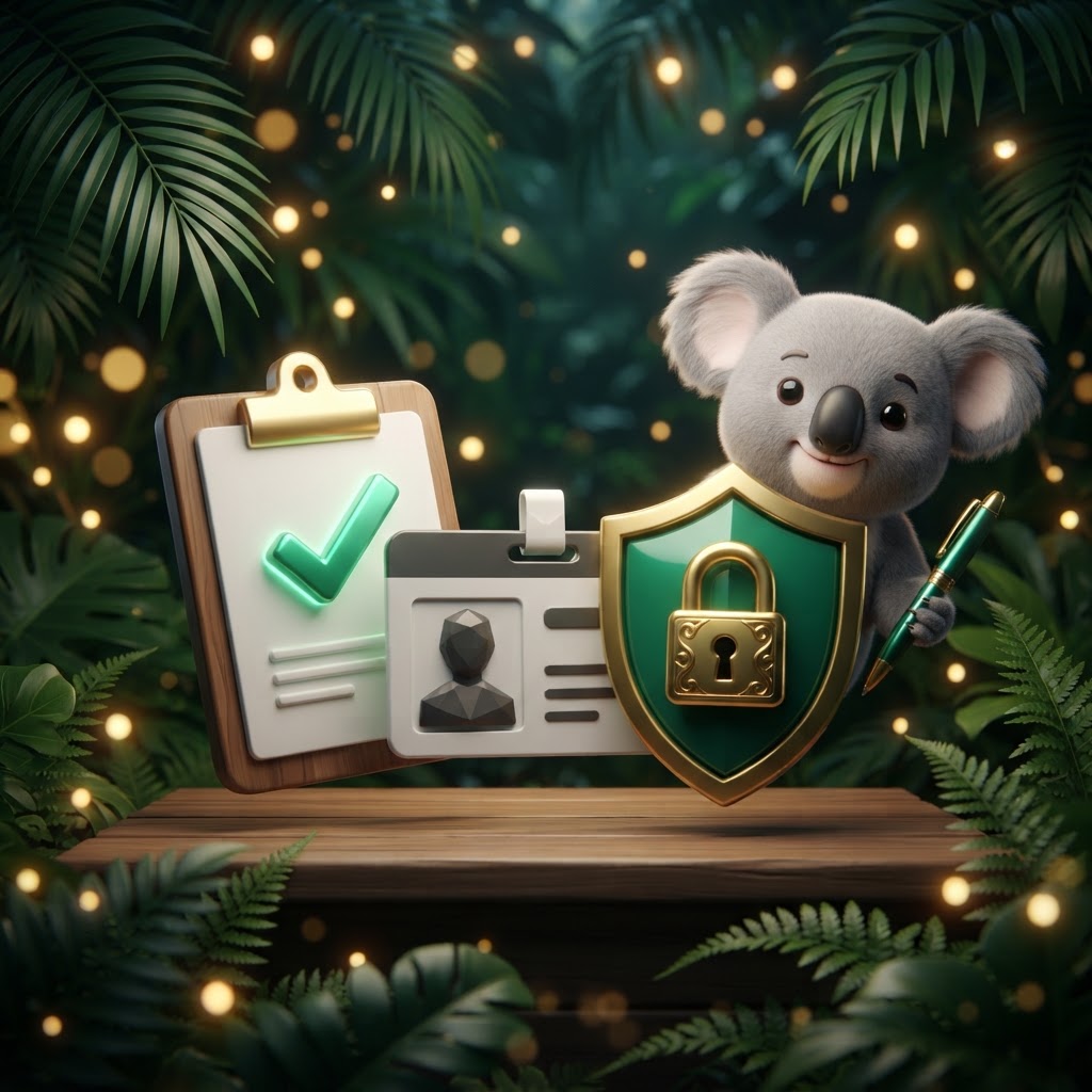 Clipboard with green tick, ID card, shield and koala holding a pen – Fair Go account registration